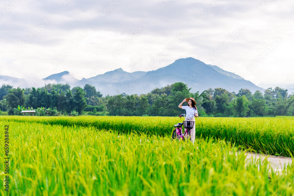 Young happy woman tourist enjoying and riding a bicycle in paddy field while traveling at Nan, Thailand
