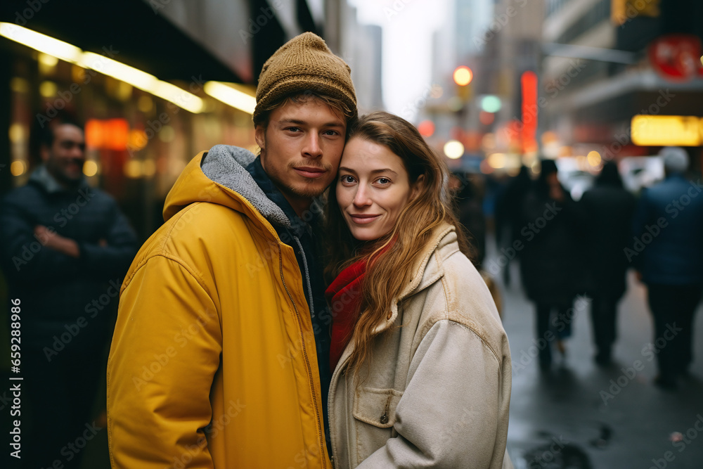 Young beautiful romantic couple hugging  smile and walk on the streets of New York , look at the camera