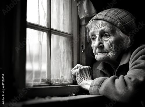 A sad elderly woman looking through a window