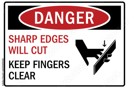 Keep hand clear warning sign and labels sharp edges will cut. Keep finger clear