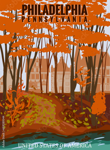 Philadelphia Autumn park valley, forest trail, walkway, river, lake, trees orange, yellow foliage. Poster fall seasone