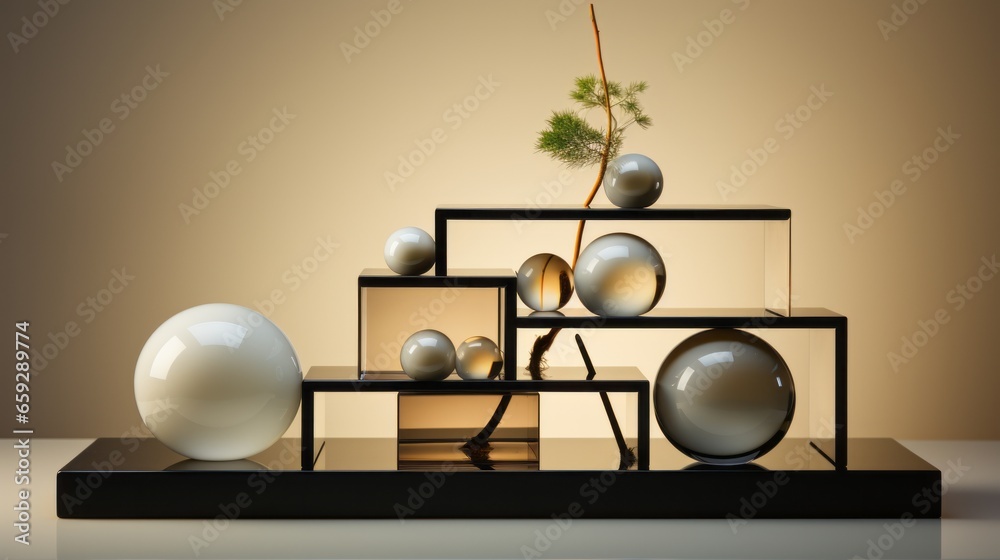 A vibrant display of glass balls cascading down a wall and a lush green plant accentuating the indoor design of the room