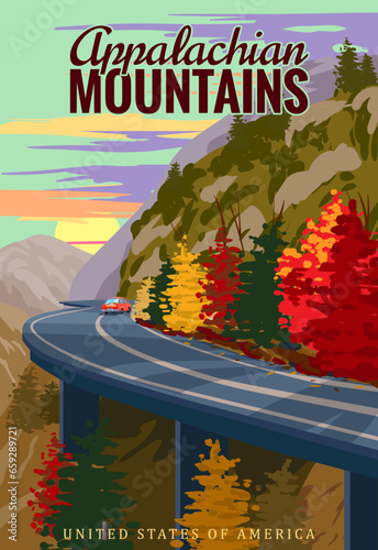 Appalachian Mountains travel vintage poster, autumn road, car, mountains, highway. Retro illustration