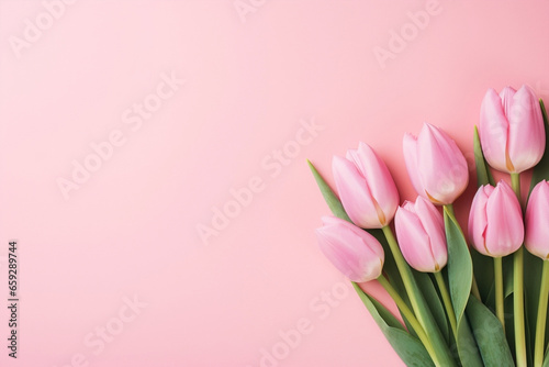 Spring decoration green pink floral bouquet background blossom flower holiday tulip