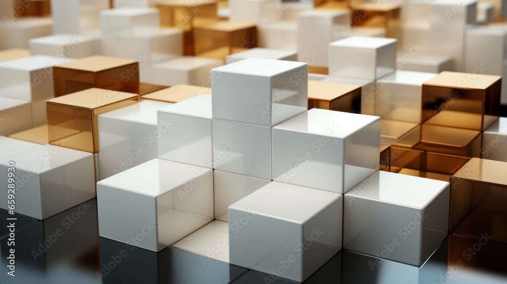 A captivating arrangement of white and gold cubes fills the room, creating an elegant and modern design that evokes a sense of mystery and awe A captivating arrangement of white and gold cubes fills the room, creating an elegant and modern design that evokes a sense of mystery and awe