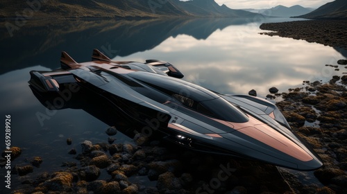 A mysterious black and silver ship glides across a serene lake surrounded by majestic mountains, creating a captivating scene of technological transport in a stunning natural landscape