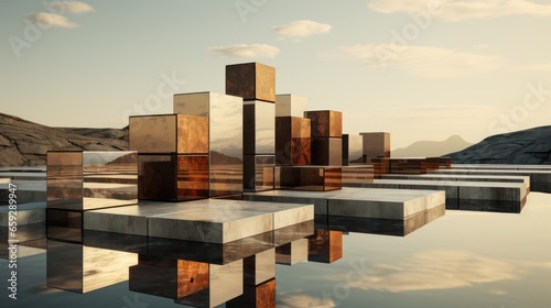 A serene and majestic landscape of rectangular buildings reflecting off the glassy lake, framed by lush mountains and clouds in the distant sky