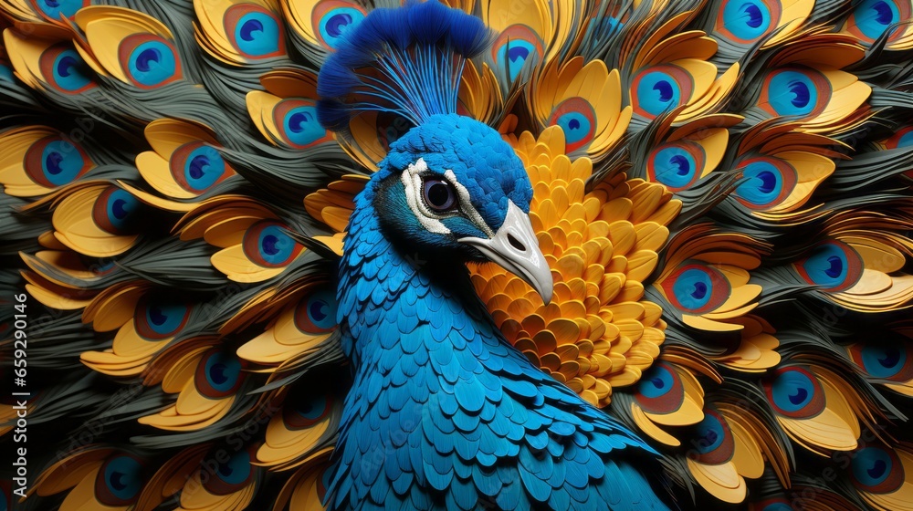 A majestic blue peacock with its shimmering yellow and blue feathers