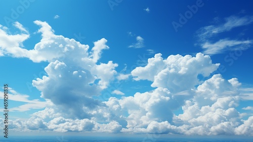 The azure sky, dotted with fluffy white cumulus clouds, captures the beauty of nature and the power of the sea, creating a peaceful yet wild landscape