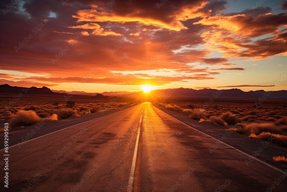 Desert Highway at Sunset, Stark American-Style Plein Air Landscape - Generative AI
