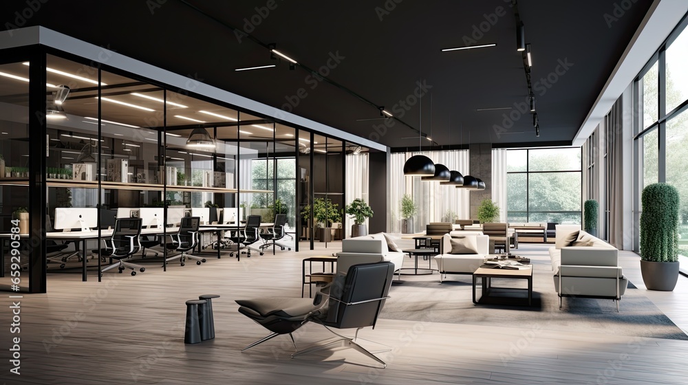 Interior of modern open space office with black walls, concrete floor, rows of computer tables and glass doors