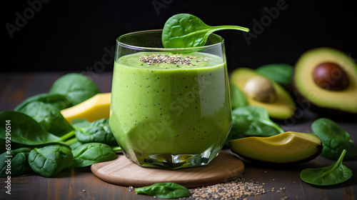Healthy green smoothie with spinach, avocado and chia seeds