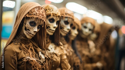 A mysterious group of people wearing haunting skull masks and spooky outdoor clothing stand ominously together  invoking feelings of horror and dread
