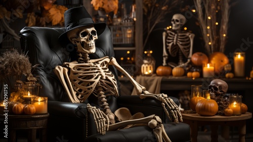 On a dark halloween night, a spooky skeleton sits still in a chair surrounded by flickering candlelight and a mysterious stone statue, evoking a chill in the otherwise silent indoor hall