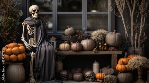 On a crisp autumn evening, a skeleton dressed in its halloween finest sits on a bench surrounded by lit jack-o-lanterns and colorful gourds, embracing the spirit of trick-or-treating photo