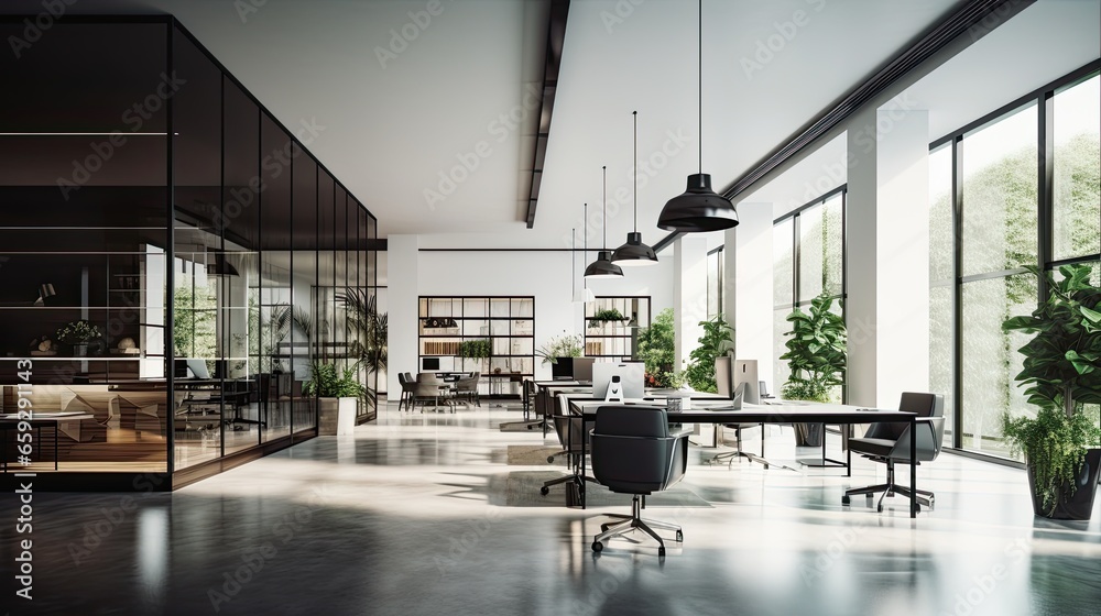 Interior of modern open space office with black walls, concrete floor, rows of computer tables and glass doors Interior of modern open space office with black walls, concrete floor, rows of computer tables and glass doors