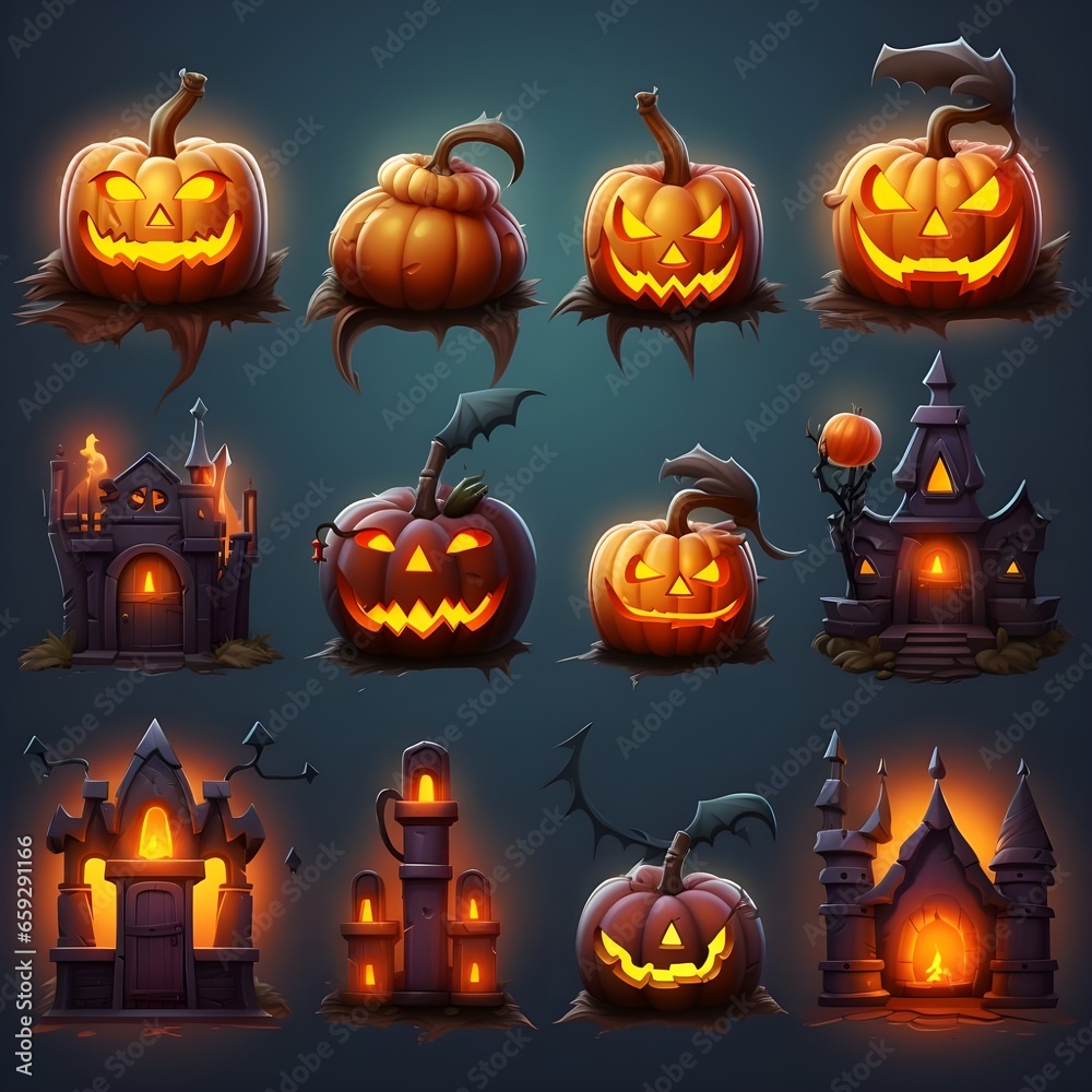 Halloween set of pumpkins, ghosts, haunted house, bats and castle on solid background. Halloween set of pumpkins, ghosts, haunted house, bats and castle on solid background.