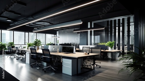 Interior of modern open space office with black walls, concrete floor, rows of computer tables and glass doors photo