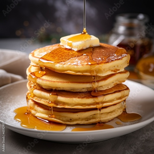 Fluffy pancakes with maple syrup, Generative AI.