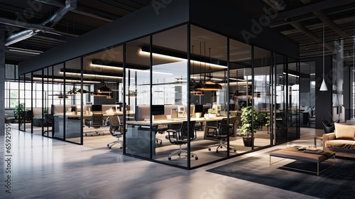 Interior of modern open space office with black walls, concrete floor, rows of computer tables and glass doors © ttonaorh