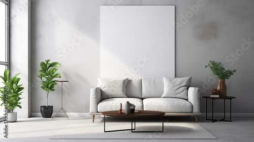 Interior of modern living room with white walls, concrete floor, gray sofa standing near round coffee table and vertical mock up poster