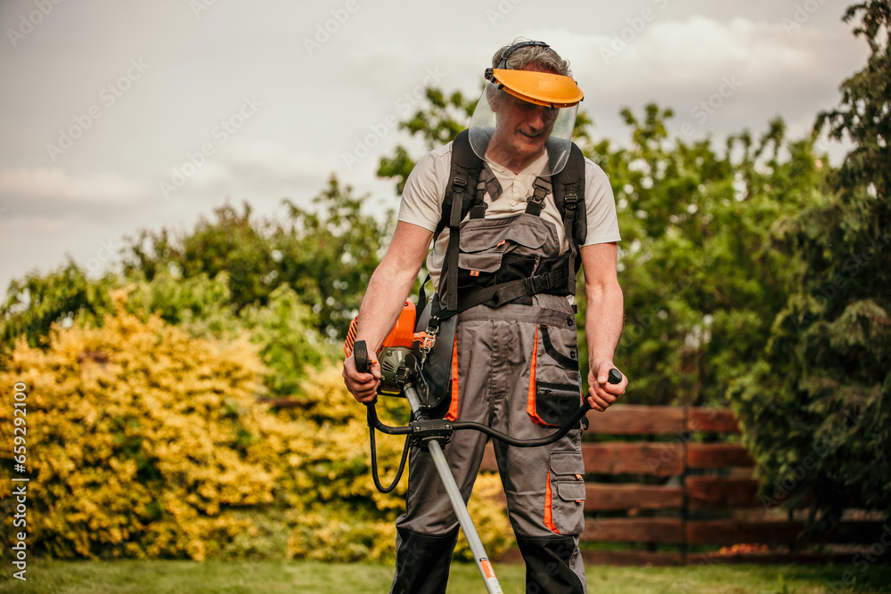 Elderly gentleman in a sturdy protective work suit confidently operating a grass trimmer in his beautifully backyard on a sunny day