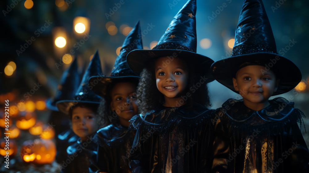 Obraz premium Kids dressed up in Halloween costumes, show emotions of witches.
