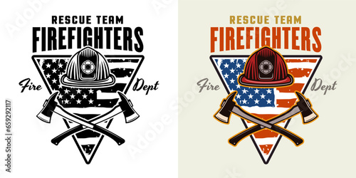 Firefighters vector emblem, logo, badge or label design illustration in two styles black on white and colored
