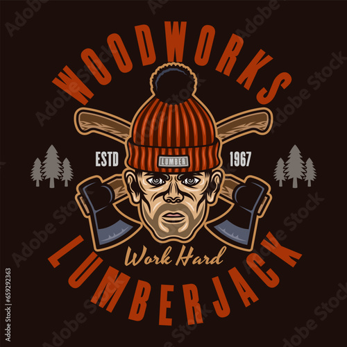 Lumberjack head in knitted hat and crossed axes vector emblem in colored style on dark background