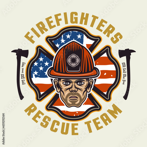 Firefighters vector emblem, logo, badge or label design illustration in colored style with fireman and american flag on light background