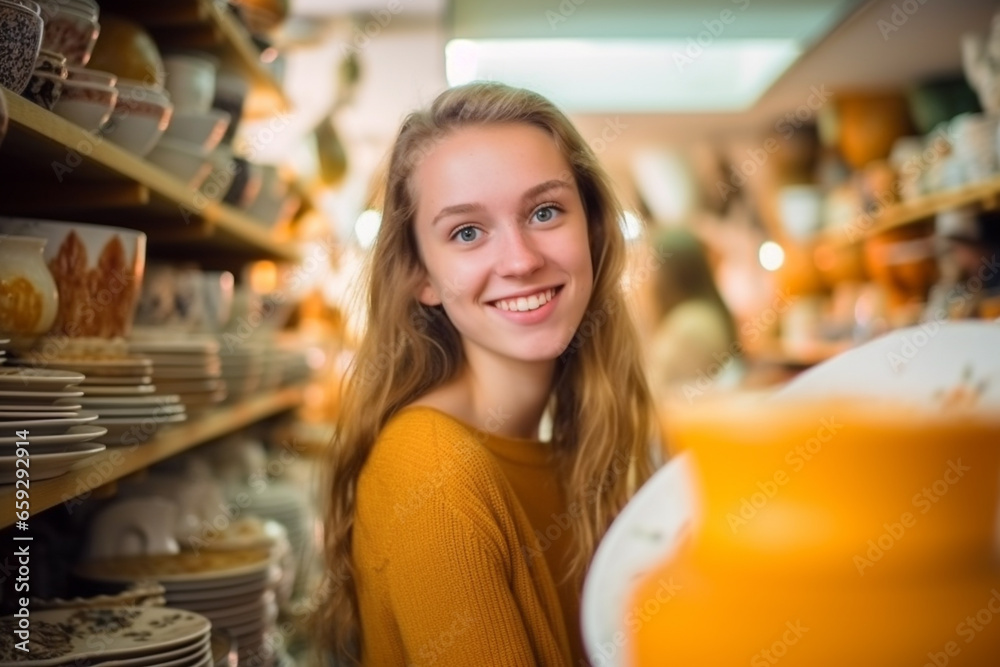 A vibrant and joyful young woman with a beaming smile gazes at the beautifully stocked shelves filled with an array of enchanting and whimsical Harry Potter merchandise.