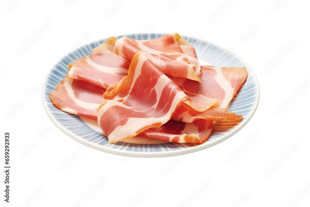 Parma ham on plate isolated on transparent background.