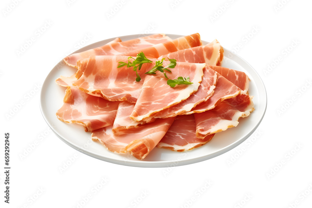 Parma ham on plate isolated on transparent background.