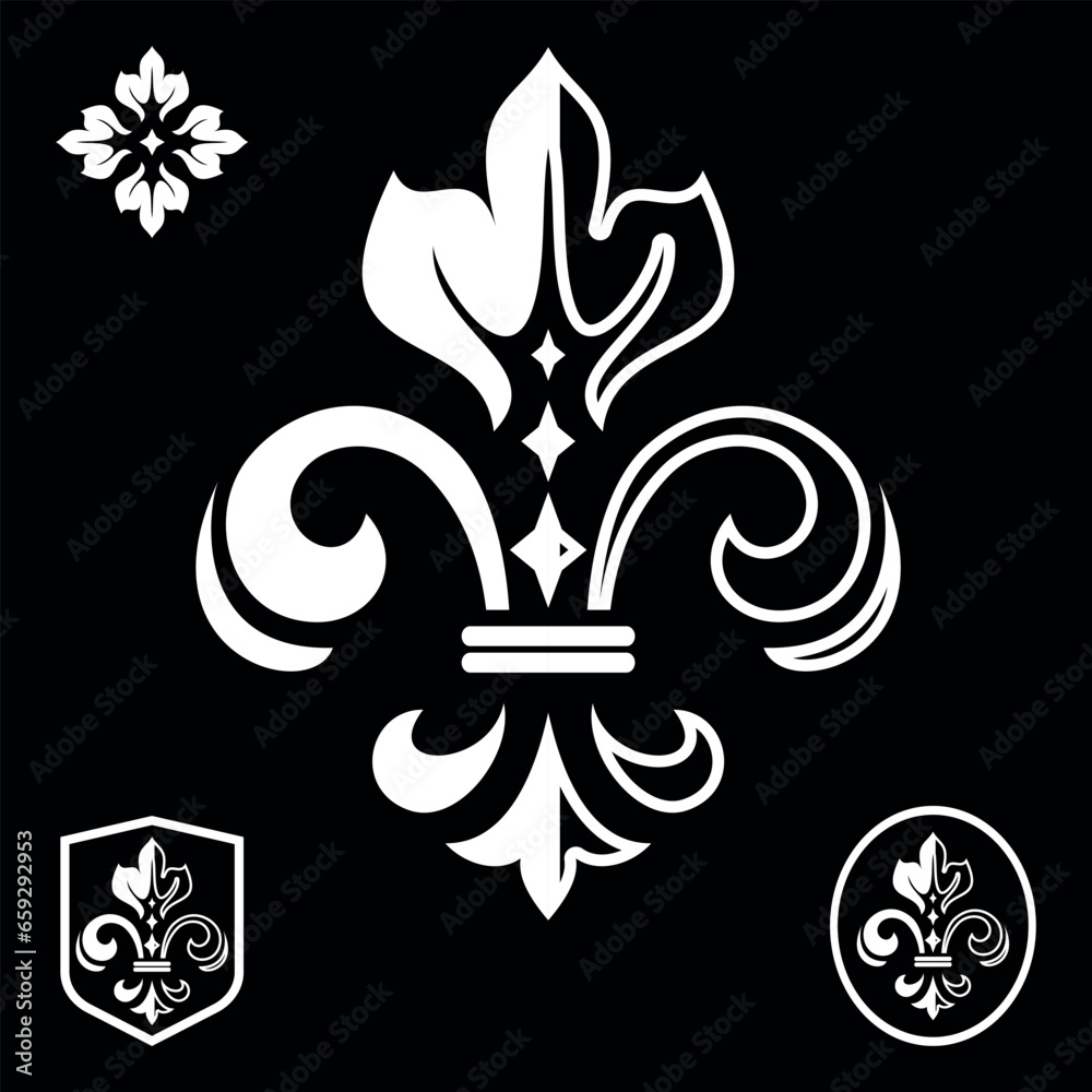 Fototapeta premium White royal lily on a black background. Heraldic sign, logo, design element, decoration. Graphic vector pattern