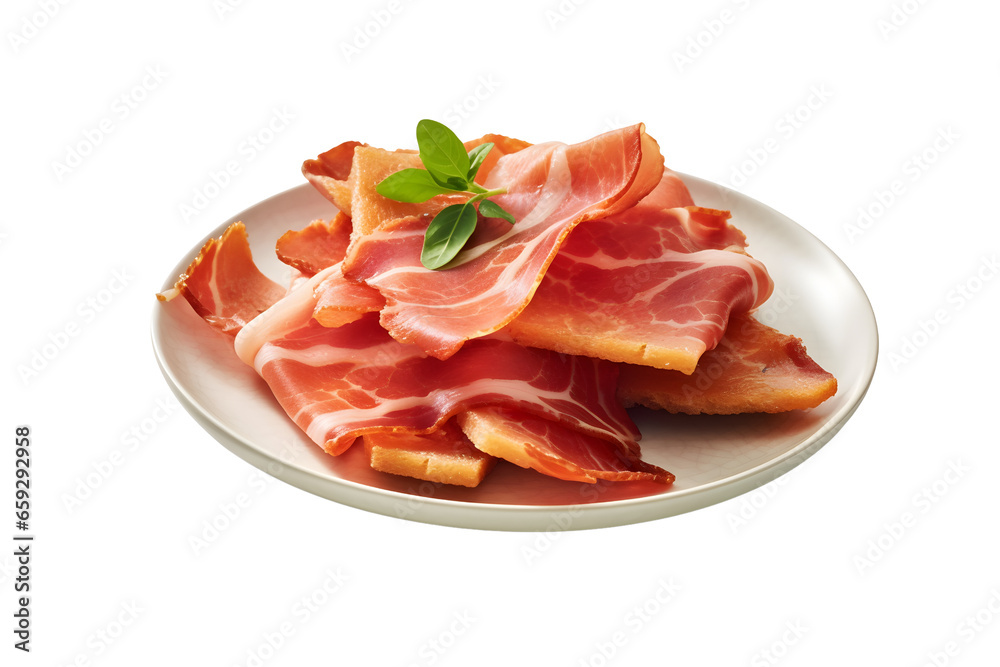 Parma ham on plate isolated on transparent background. Parma ham on plate isolated on transparent background.