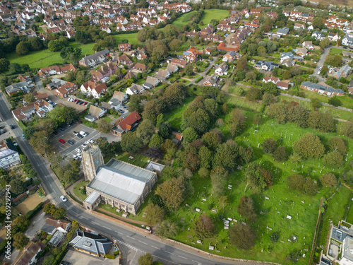 Aerial view of the popular English seaside town of Aldeburgh, Suffolk. Showing the large church and cemetery. photo