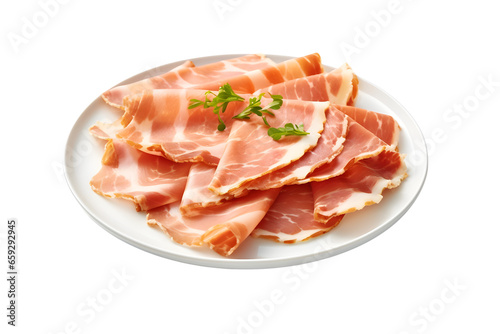 Parma ham on plate isolated on transparent background.
