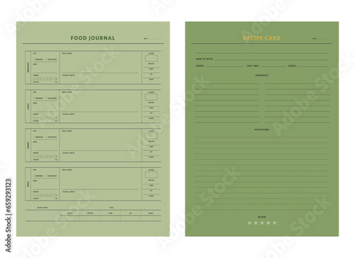 (Leaf) Recipe card and Food Journal planner. Minimalist planner template set. Vector illustration.	