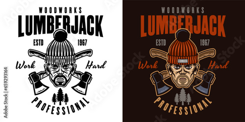 Lumberjack head in knitted hat and crossed axes vector emblem in two styles black on white and colorful