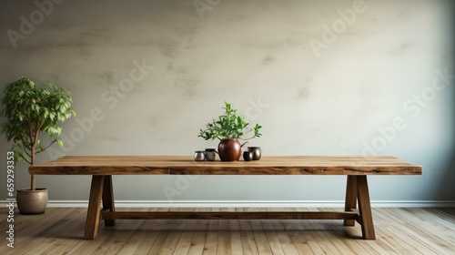 One wooden table in an empty white modern room