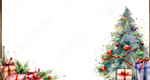 Watercolor frame background with Christmas tree, ornaments and gifts and white copy space for text