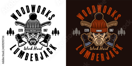 Lumberjack head in knitted hat and crossed axes vector emblem in two styles black on white and colorful