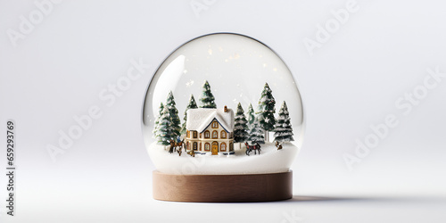 Christmas snow globe with green pine trees and snow inside, isolated on white background