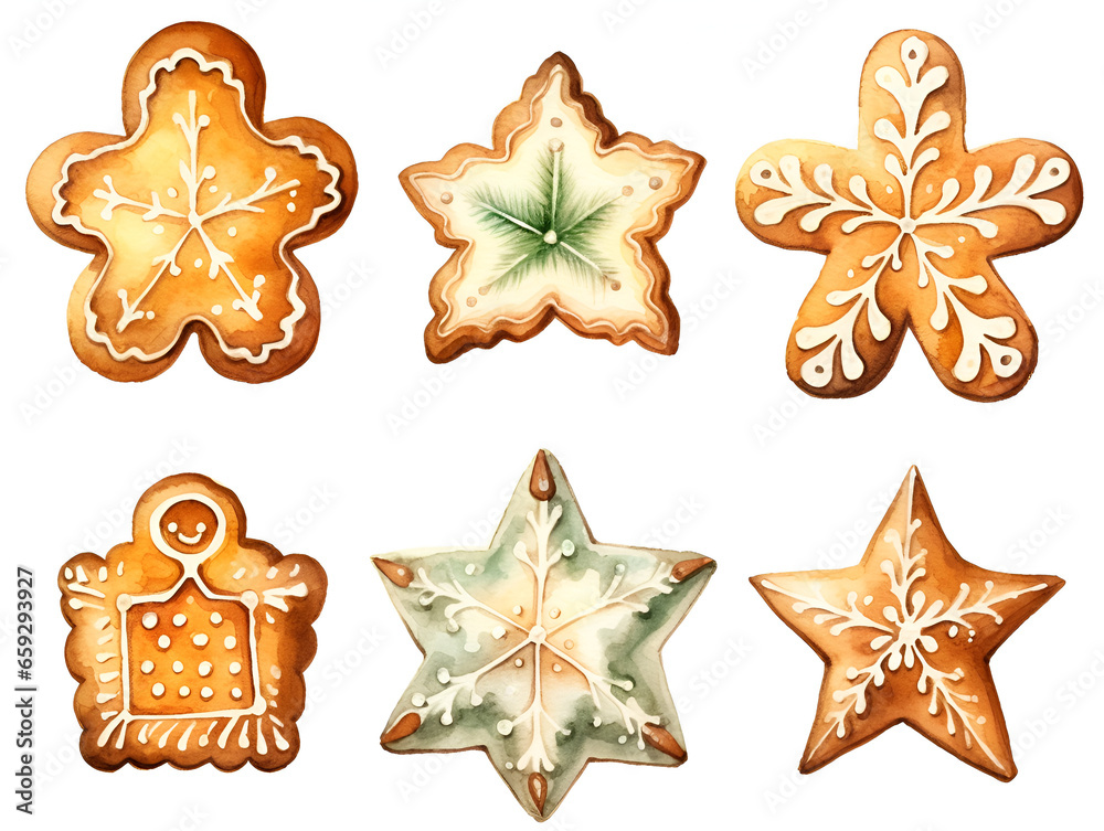 Obraz premium Set of different watercolor ginger bread cookies isolated on white background