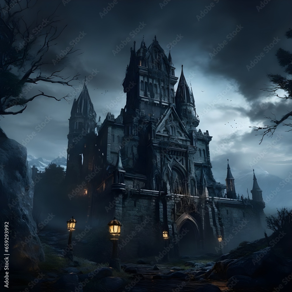 Halloween background with haunted house and full moon. Vector illustration.