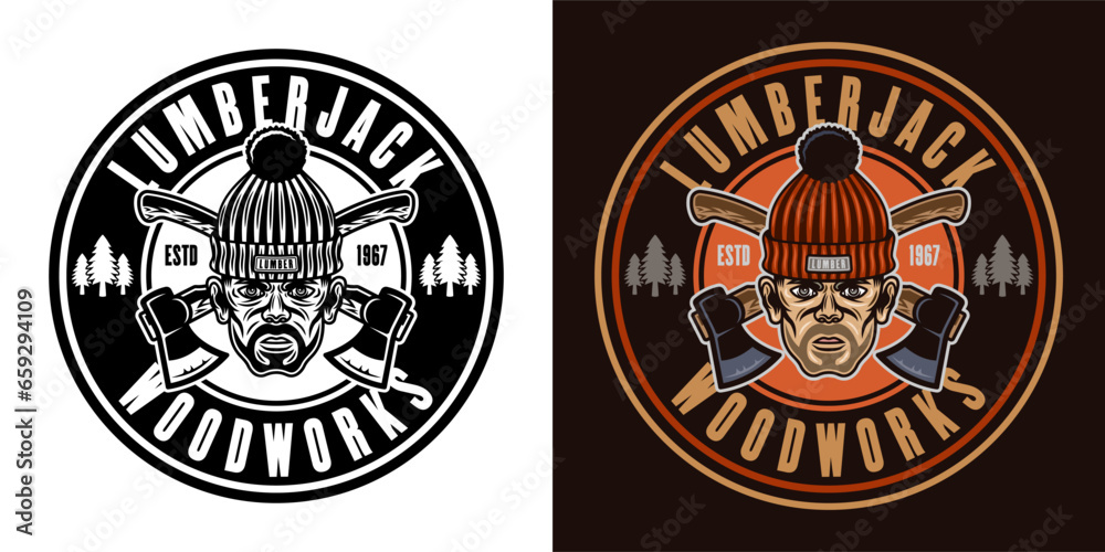 Lumberjack head in knitted hat and crossed axes vector round emblem in two styles black on white and colorful