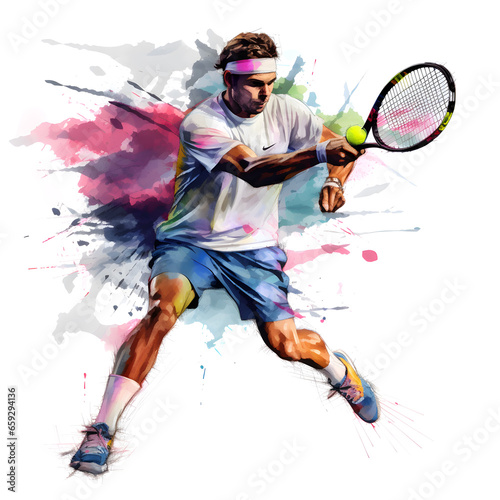 tennis player with racket in action, watercolor.