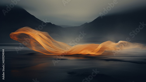 Flying orange fabric on dark mountains.