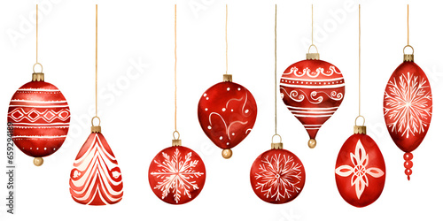 Set of red watercolor Christmas ornament balls isolated on white background 