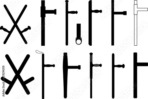 Set of different Tonfa nightstick martial weapons isolated on white